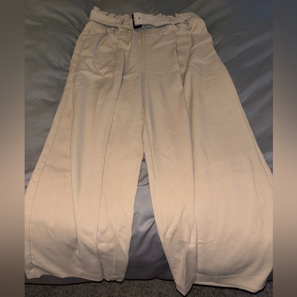 Cream Belted Wide-Leg Pants